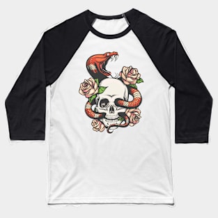 Skull with Snake and roses Baseball T-Shirt